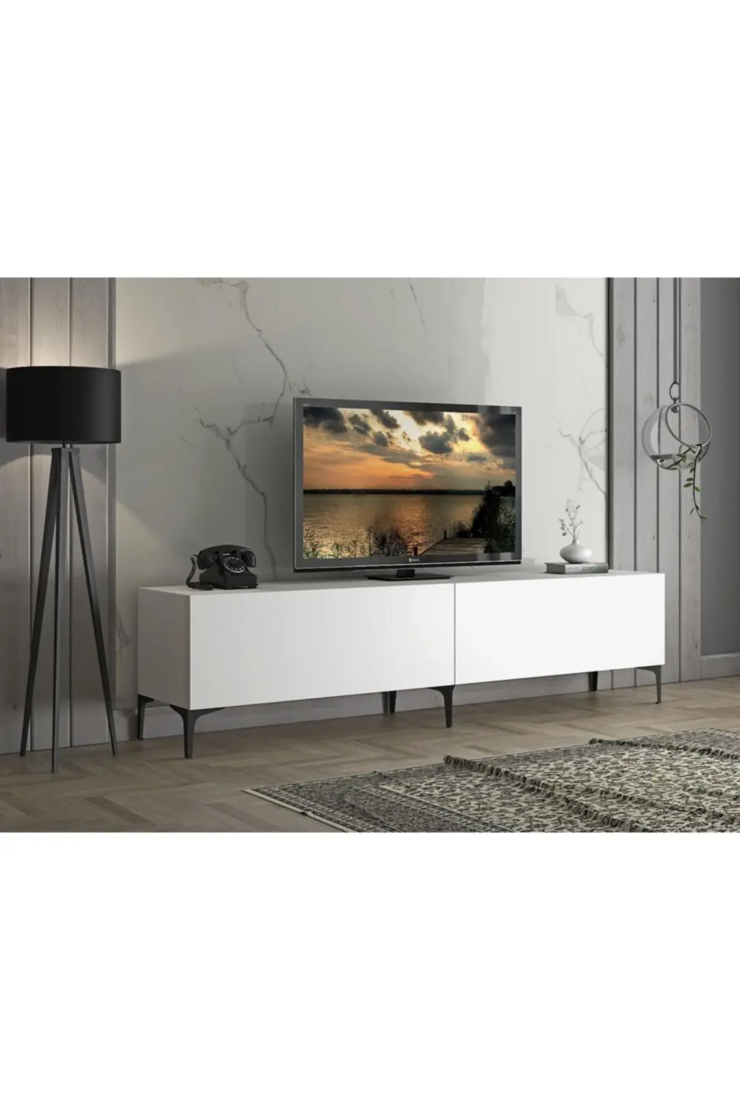Vega Premium 200 Cm Geniş Dolaplı Metal Ayaklı Tv Ünitesi - Beyaz / Siyah